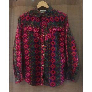 Women's Vintage Rodeo Western Style Aztek Print Boho Vibrant Button Shirt Large